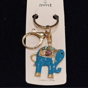 BAG CHARM Mint Jeweled Lucky Elephant Keychain - Blue Gold Tone NWT